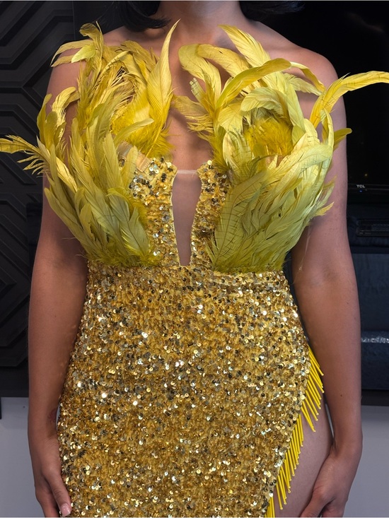 Fashion Nova Dresses & Skirts - Fashion Nova Yellow Feathered Sequin Maxi Dress